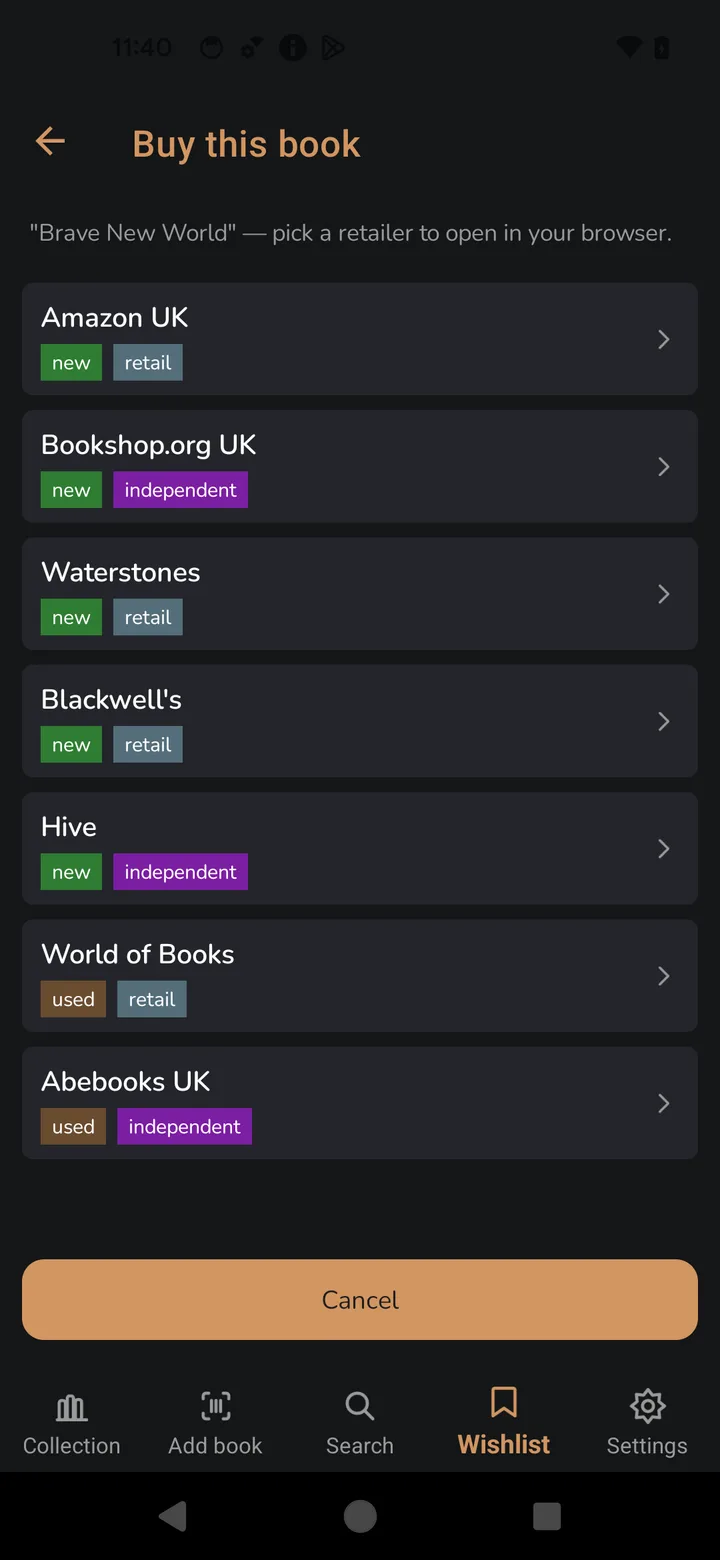 The buy screen for Brave New World listing UK retailers, each tagged new or used and retail or independent.