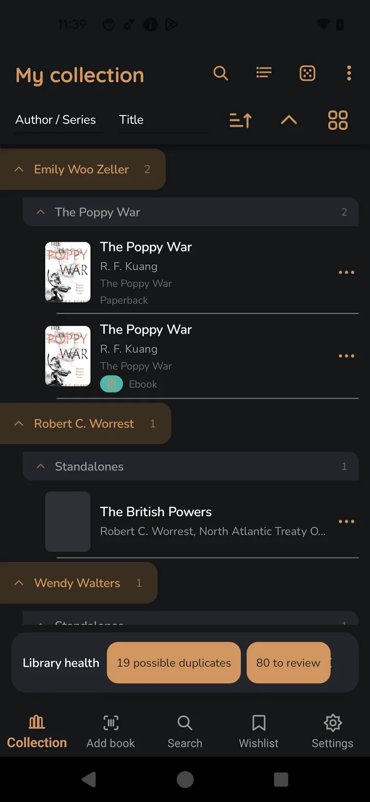 The collection screen, with books grouped under expandable author and series headings, each showing cover, format and edition.