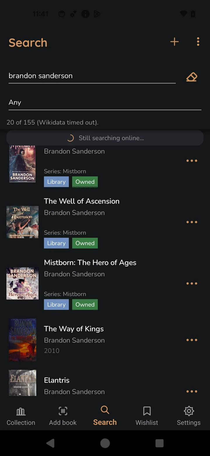 Search results for Brandon Sanderson, each result tagged to show whether it is already in the library or owned.