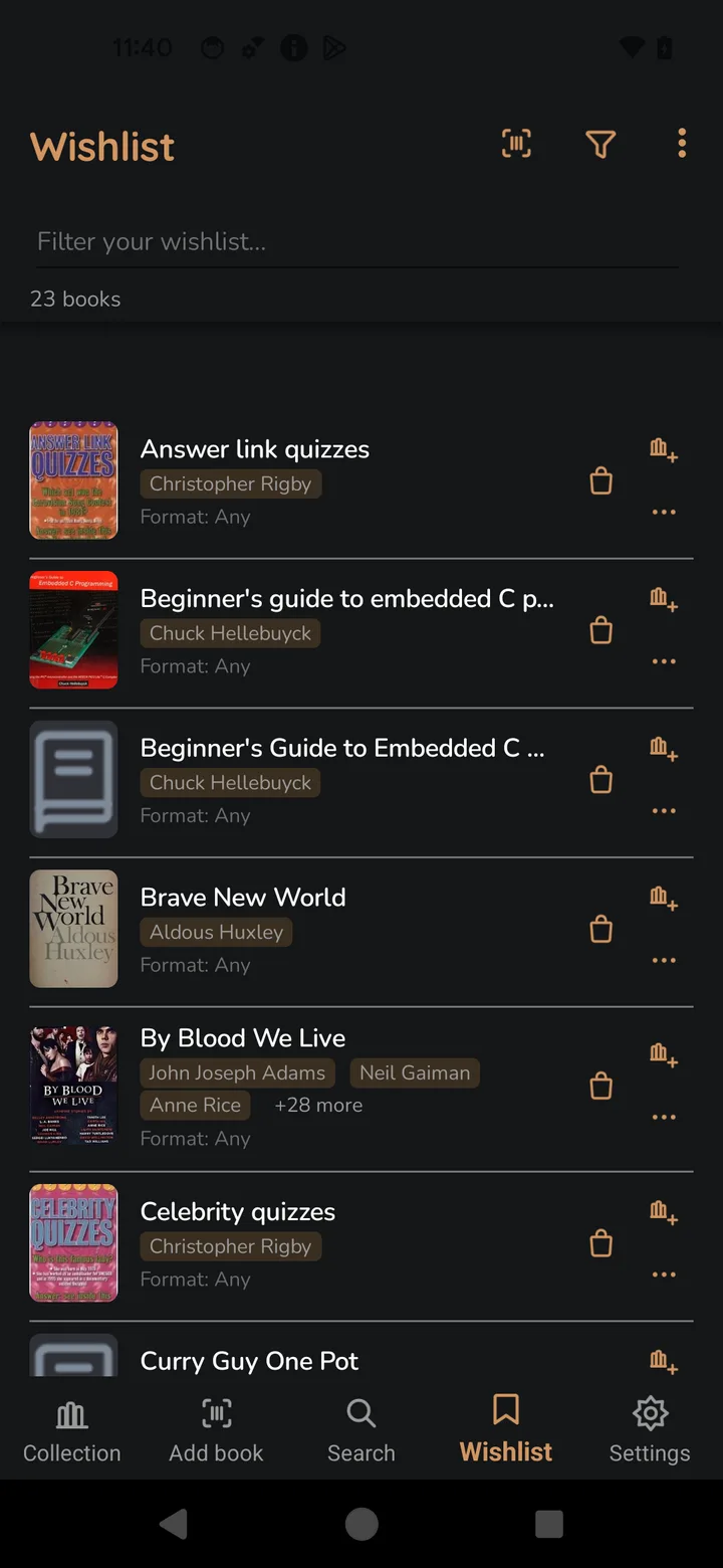 The wishlist screen listing 23 wanted books with covers, authors and a filter box.